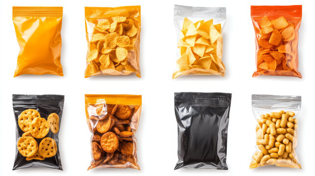 Foil and plastic bags mockup, blank white, transparent and silver metallic colored pillow packages for food production, snack, chips or cookies, isolated design element Realistic 3d vector mock up set