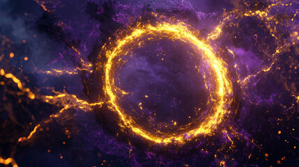 Obraz premium Electric lightning energy explosion ball vector. 3d thunder circle explosion light in golden yellow and purple. Thunderbolt crack glow effect. Abstract discharge isolated on transparent background.