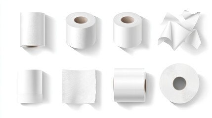 White empty toilet paper rolls stand and lay. Realistic vector illustration set of template for wc or kitchen towel tape on tube for hygiene and care. Blank soft scroll loo bathroom product mockup.