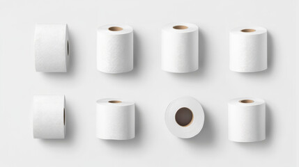 White empty toilet paper rolls stand and lay. Realistic vector illustration set of template for wc or kitchen towel tape on tube for hygiene and care. Blank soft scroll loo bathroom product mockup.