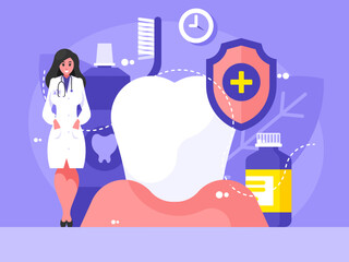 Female dentist in a white coat stands with a stethoscope. Medical specialist. Oral hygiene background. Caries treatment. Vector graphics