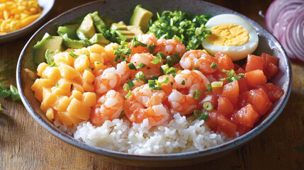 Poke bowl with flying rice and avocado, salmon fish and shrimp, onion and egg, cheese and tomato, seaweeds and salad. Cartoon vector set of traditional Hawaiian meal seafood and vegetables ingredients