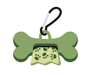 Pet waste Bag Dispenser shaped like bone with carabiner. Green Container for hygiene Packages for cleaning dog poop. Practical accessory for walks. Design element for promo. Flat vector illustration