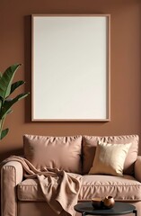 Mockup of empty frame on brown wall in living room interior. Mocha mousse Trendy color of 2025