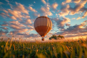 Obraz premium A small hot air balloon hovers gracefully amidst a lush dandelion field, bathed in warm light under a vibrant blue sky filled with wispy clouds at sunset