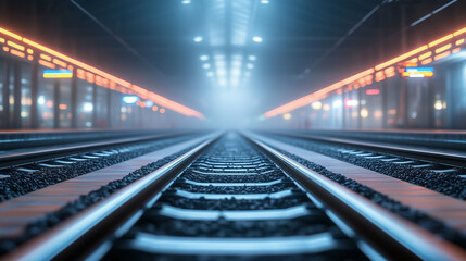 Train tracks stretch towards a hazy, illuminated station at twilight