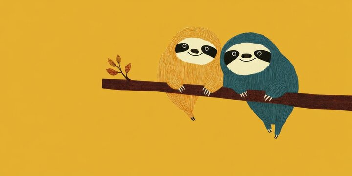 Two Colorful Sloths Are Relaxing Peacefully on a Branch in a Vibrant Tropical Setting