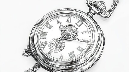 Intricate antique pocket watch, detailed drawing.