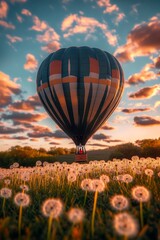 Fototapeta premium A small hot air balloon floats gracefully above an expansive field filled with dandelions, basking in the warm light of the setting sun against a blue sky with clouds