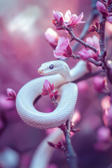 Fototapeta premium A white snake coils gracefully around cherry blossoms in bloom