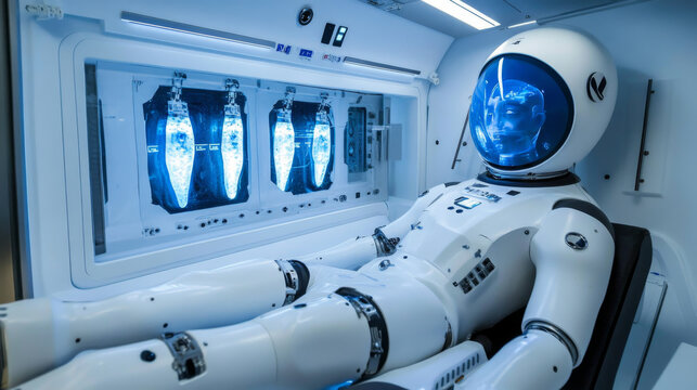 Futuristic cryogen capsule science laboratory isolated set. Cartoon lab equipment with robot on spaceship interior. Cryonics technology clipart on white background. Hibernation research and experiment