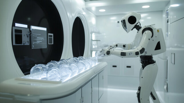 Futuristic cryogen capsule science laboratory isolated set. Cartoon lab equipment with robot on spaceship interior. Cryonics technology clipart on white background. Hibernation research and experiment