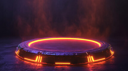 Obraz premium Glowing red neon game portal in realistic vector illustration set. Futuristic teleport podium with beams for gui concept. Magic or cyberpunk round port or product podium with luminous effect.