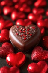 Obraz premium A single chocolate heart surrounded by multiple red hearts