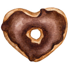Heart shaped donut with chocolate icing. Sweet dessert for Valentine's Day. Design elements for cards, greetings, menus, etc. Watercolor illustration isolated on transparent background.