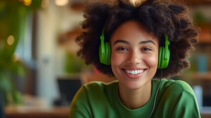 An African woman call center agent, wearing a green blouse, smiling brightly while using a headset and laptop for customer service. Ideal for stock use in tech, communication, and professional setting