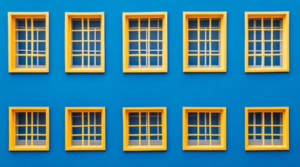 Obraz premium Rows of yellow windows with a blue backdrop create a cheerful and inviting appearance, perfect for a Christmas night theme, showcasing warmth and celebration