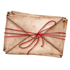 Stack of kraft paper postal envelopes with love letters tied with red ribbon. Isolated watercolor illustration for Valentine's Day, Birthday. Design element for postcard, greeting, poster, etc.
