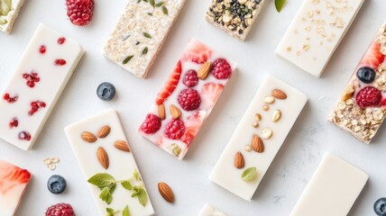 Assorted yogurt bars with berries, nuts, and grains for a healthy snack inspiration