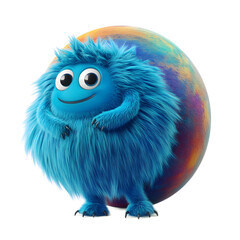 Fototapeta premium Friendly Blue Fuzzy Character with Colorful Sphere Background