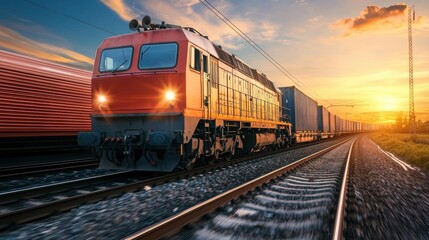 Obraz premium Freight train journey at sunset scenic landscape transportation photography industrial environment dynamic perspective