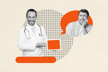 Composite art 3d creative image collage of happy doctor hold ereder bubble scared patient bubble distance consultation covid illness