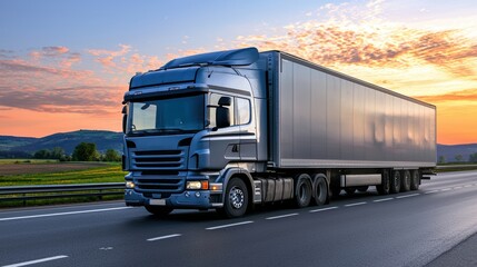 Truck driving on highway at sunset scenic landscape transportation outdoor dynamic view freight movement