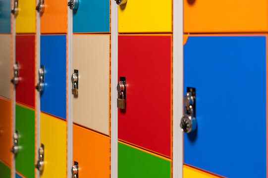 Combination locks on colorful school lockers