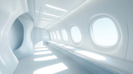 Plane window on flight. 3d aircraft inside view. Airline travel illustration for vacation mockup. White realistic layout of plain illuminator element set. Business journey or voyage transport.