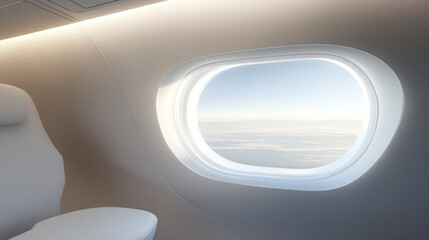 Plane window on flight. 3d aircraft inside view. Airline travel illustration for vacation mockup. White realistic layout of plain illuminator element set. Business journey or voyage transport.