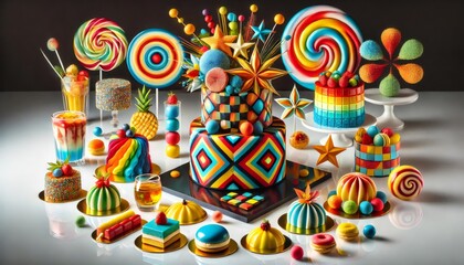 Obraz premium Colorful pastry display showcasing vibrant cakes, lollipops, and desserts
