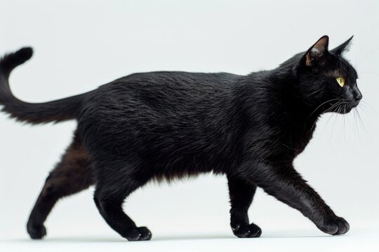 A black cat is seen walking across a white surface - Powered by Adobe