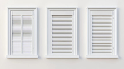 Office or home window frame with jalousie. Closed and ajar opening interior venetian blind plastic and fabric roll curtain with control cord. Realistic 3d vector set of white louvers shutter.