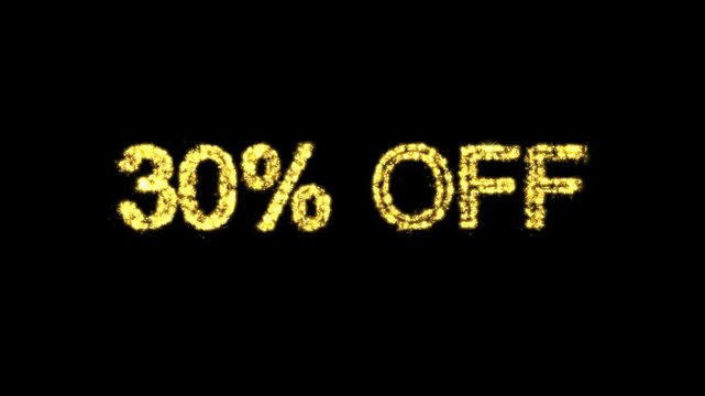 Sparkling text animation displaying 30% off promotion in shimmering gold effect for seasonal discount sale