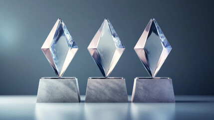 Set of 3D glass trophies isolated on transparent background. Vector realistic illustration of abstract rhombus shape winner awards on plastic, stone platforms, champion prize for best contest result