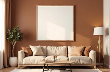 Mockup of empty frame on brown wall in living room interior. Mocha mousse Trendy color of 2025