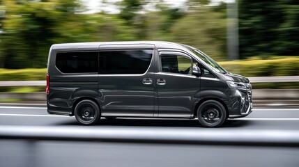 Dynamic van journey on urban road captured in motion cityscape environment side perspective travel concept
