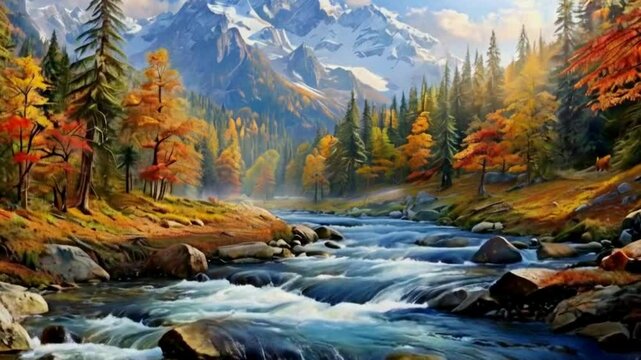 Autumn Stream Serenity: A peaceful river flowing through a forest painted in rich autumn colors.