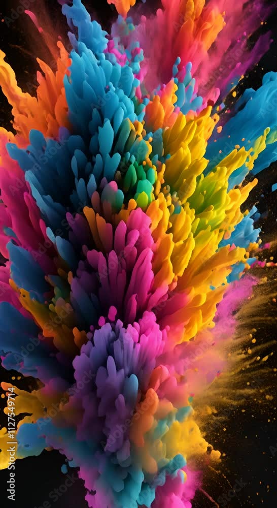 Wall mural explosion of bright colorful paint on black background burst of multicolored powder abstract pattern