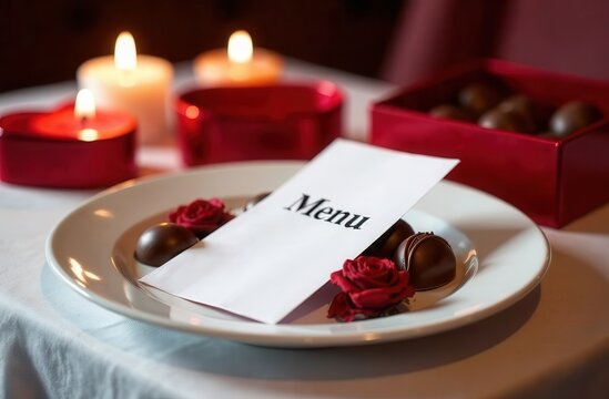Romantic dinner in a restaurant. Table with rose petals, a bouquet of roses, champagne, chocolates and candles. Special menu for Valentine's Day.