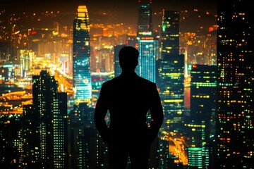 A silhouetted figure standing before a glowing cityscape at night.