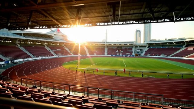 Bright sunlight floods an empty stadium and running track, highlighting the vibrant colors of the seating and lush green grass. The urban backdrop creates a peaceful yet energetic atmosphere.