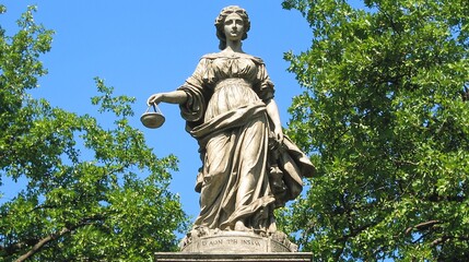 Fototapeta premium Majestic statue of a woman holding scales of justice, set against a backdrop of lush green trees and a clear blue sky.