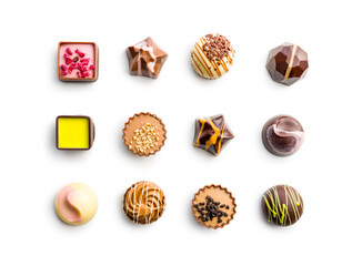 Mix of chocolate pralines isolated on white background.