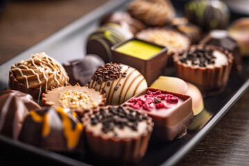 Mix of chocolate pralines on plate on wooden table.