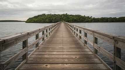 Fototapeta premium Serene Wooden Pier Leading to Lush Island at Dusk. A tranquil wooden pier extends into calm waters, guiding the way to a green island under a moody sky. Perfect for nature and relaxation the...