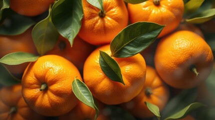 juicy background from a large number of tangerines with leaves