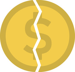 Gold dollar coin broken in half icon. Vector illustration.
