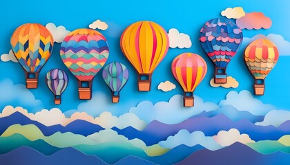 A paper cut illustration of hot air balloons in various vibrant colors on a blue sky