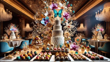 Luxurious dessert table displaying wedding cake, pastries, and floral decorations